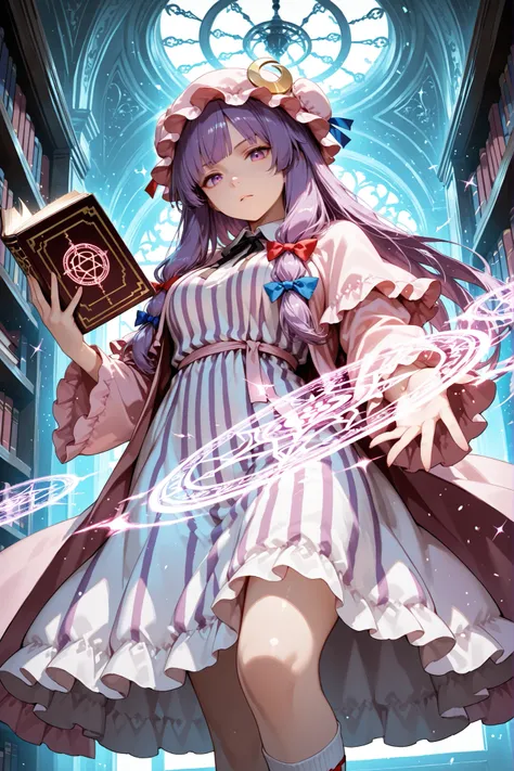 1girl(patchouli knowledge(touhou)), purple hair, long hair, purple eyes, hat, mob cap, dress, white dress, striped clothes, striped dress, pink robe, robe, socks, white socks, book, holding, holding book, magic, glowing, sparkle, sparkles, glitter, magic c...