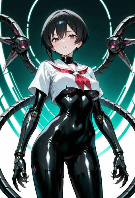 Armed girl. Black hair. Short hair. Intercom. Japanese school uniform top. White uniform. Glossy. Black bodysuit. Latex bodysuit. Perky breasts. Slender waist. Thighs. Electronic circuit pattern costume. With mechanical monster. Turret. Mechanical tentacle...