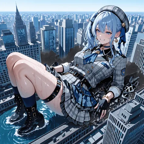 score_9, score_8_up, score_7_up, SuiseiBase, side ponytail, Plaid Beret, crown, blue star choker, star earrings, Blue Ascot , gray plaid jacket, gray plaid skirt, Layered Skirt, partially fingerless gloves, Star Bracelet, clothes with leg lengthening e...
