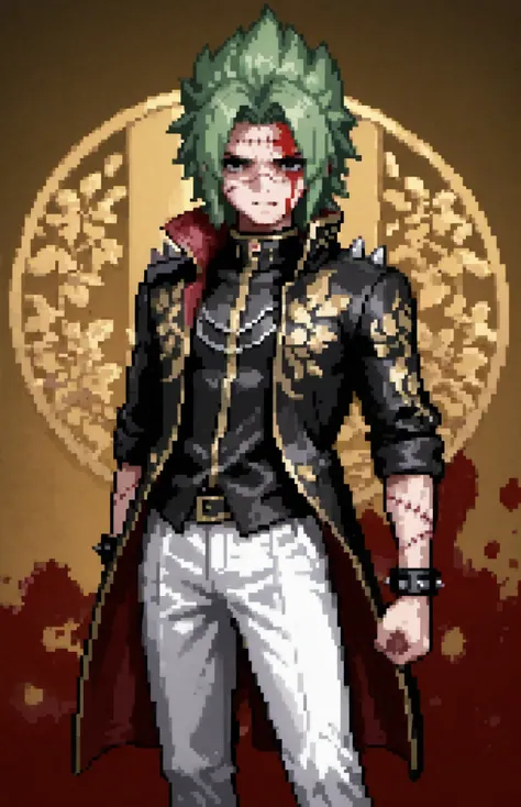 a man that has a gold and black chinese jacket and green hair, spiked up hair, 1boy, solo, male focus, blood, scars and stitches on face, etherial background, golden lotus on jacket, white pants