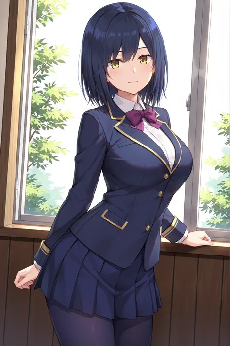 solo,masterpiece,best quality, amazing quality, highres, absurdres, very aesthetic, high resolution, ultra detailed, perfect details,nijirin,large breasts,yellow eyes,blue hair,black hair,moles,medium hair,nijirincos,white shirt,collared shirt,purple bowti...