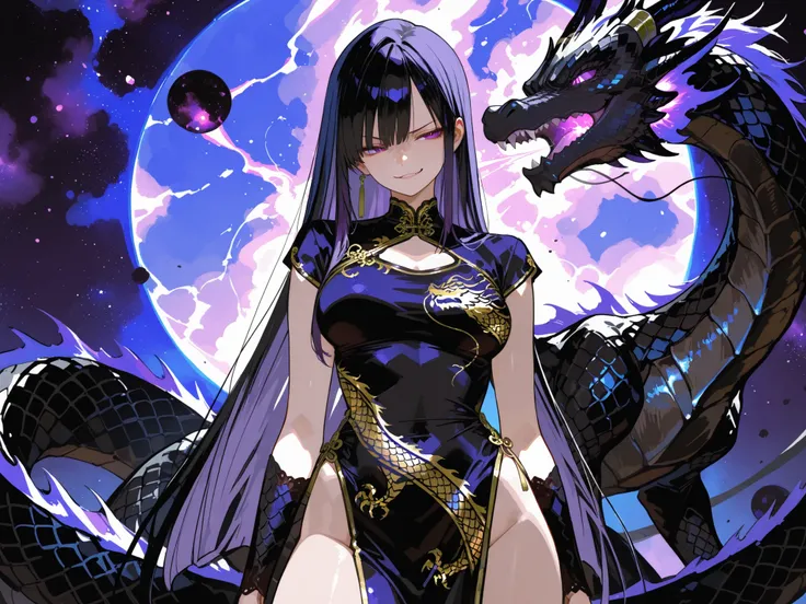 black and gold delicate cheongsam,Delicate black and gold cheongsam with dragon embroidery,huge ,Middle-aged women,black and white mixed hair,Black long straight,Black Dragon Scales,Mysterious blue-purple space background,, solo,Postures to fight with othe...