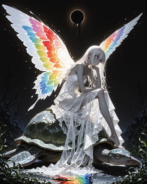 Masterpiece, side angle, natural lighting, night, perfect shadows, ray tracing, detailed image, perfect human anatomy, a beautiful woman with fair or gray skin and long hair like seaweed wearing a translucent dress like a fine white mist with large colorfu...