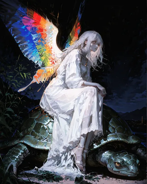 Masterpiece, side angle, natural lighting, night, perfect shadows, ray tracing, detailed image, perfect human anatomy, a beautiful woman with fair or gray skin and long hair like seaweed wearing a translucent dress like a fine white mist with large colorf...
