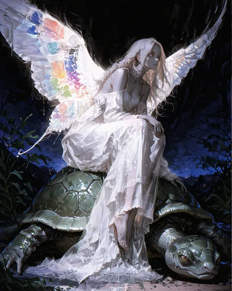 Masterpiece, side angle, natural lighting, night, perfect shadows, ray tracing, detailed image, perfect human anatomy, a beautiful woman with fair or gray skin and long hair like seaweed wearing a translucent dress like a fine white mist with large colorf...