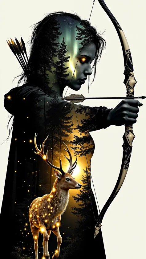 Double exposure masterpiece. Female archer (black silhouette #000000) draws dragonbone bow (ivory #F0E6D2 with liquid metal veins #C0C0C0), moonlight-string (#E0F7FA) taut, diamond-tipped arrow (phoenix feathers #FF2E4D). Inner layer: golden stag (#D4AF37)...
