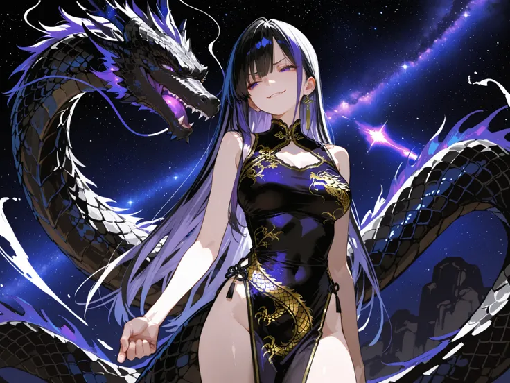 black and gold delicate cheongsam,Delicate black and gold cheongsam with dragon embroidery,huge ,Middle-aged women,black and white mixed hair,Black long straight,Black Dragon Scales, solo,mysterious blue purple starry sky space background,, solo,Postures t...