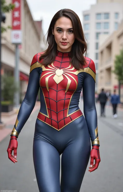  young gal gadot as spiderman from the avengers. masterpiece. high quality. red blue gold spiderman costumes. small breast. ultra small chest. small breasts. 1 girl. high school, 3 chinese cute young girls and nude friends. beautiful faces. side back posin...