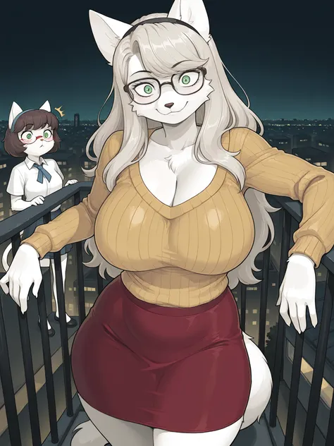 (obra maestra, Tops), hairy:1.3, snout:1.2, The second:1.3, hairy:1.2, amazing quality, very aesthetic, absurd, Highres, new , HDR-10, 8K, cinematic, professional photo, a girl, (((Sillycat :1.25))), big breasts, (Small but curvy), glasses, duo, white shir...