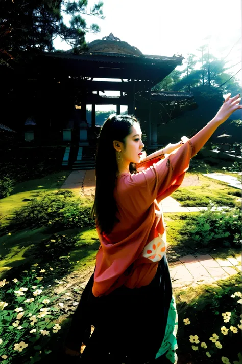 A girl is dancing in the park.