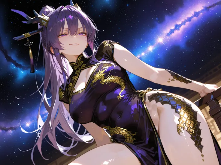 black and gold delicate cheongsam,Delicate black and gold cheongsam with dragon embroidery,huge ,Middle-aged women,Blended golden purple hair,tall ponytail,with lots of black dragon scales on the skin, solo,mysterious blue purple starry sky space backgroun...