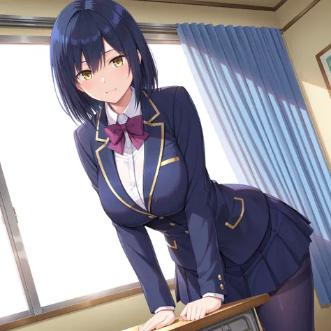 solo,masterpiece,best quality, amazing quality, highres, absurdres, very aesthetic, high resolution, ultra detailed, perfect details,nijirin,large breasts,yellow eyes,blue hair,black hair,moles,medium hair,nijirincos,white shirt,collared shirt,purple bowti...