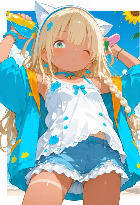 casual clothes、Cat ear hat、cat slime、young blonde girl, braids、tanlines ,tan, 