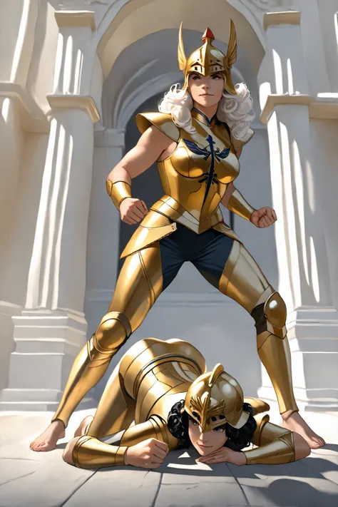((Full body photo, standing, feet on the ground)) Gal Gadot, ultrarealism, ultra-resolution, HDR, Photographic realism, woman, medium breasts, black curly hair, with the golden armor of Scorpio, Knight of the Zodiac, golden Athenian helmet, black cover, in...