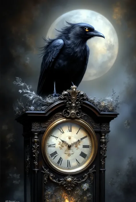 a large Raven perched on an Victorian Grandfather Clock, Gothic aesthetic, high detail, masterpiece.