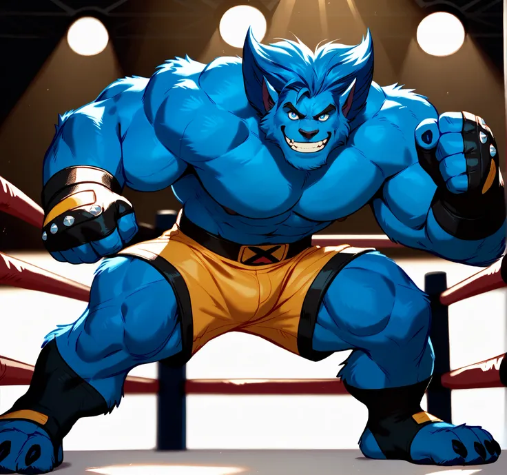 Beast prepares to be the champion of the UFC MMA Fight Championship Tournament.  Being the greatest smartest and strongest fighter of X-Men.  Spotlight at the fighting caged octagon ring.  Shirtless, swole muscular, wearing black UFC MMA shorts with blue s...