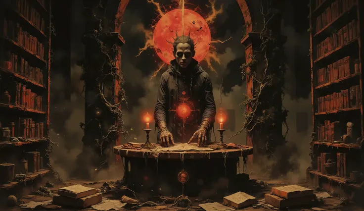 An Eldritch library, darkness, candlelight, bookcases covered in thorny vines and tentacles, surreal, Gothic aesthetic, high detail, masterpiece.