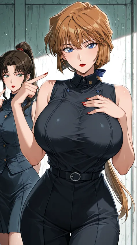 {{{{Miyano Shiho,vermouth(Detective Conan}}},{{{Detective Conan}}},,  {{((black　schoolgirl,sleeveless)) }},2girls,Long ponytail,Beautiful mature woman with red lipstick,(stares at viewers,cowboy shot、pointing at self、 focus,side,hand on chest,rocket launchers,