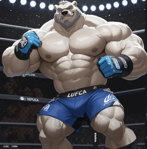 huge muscular polar bear in UFC MMA fight tournament, big hulking champ, grunts smirk, polar bear, huge white fur, thick arm, huge arm, added thick gray mustache with beard, short gray hair, (veiny muscular, pectoral, wide pectoral, thick arms), UFC caged ...