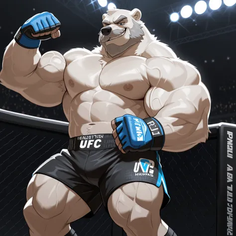 huge muscular polar bear in UFC MMA fight tournament, big hulking champ, grunts smirk, polar bear, huge white fur, thick arm, huge arm, added thick gray mustache with beard, short gray hair, (veiny muscular, pectoral, wide pectoral, thick arms), UFC caged ...