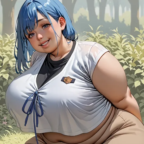 Score_9, score_8_up, score_7_up, score_6_up, score_5_up, score_4_up, anime_manga style, A character created for a Vore dating sim, a tall striking BBW with vibrate blue hair. she is wearing a college uniform. White top, black shirt, with a smile on her fac...