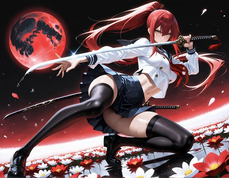 masterpiece, top quality, Super Detailed, 8k, full body, dynamic poses, cinematic lighting, solo, 1 girl, golden eyes , very long hair , long sidelocks, red hair , half upon, medium breasts , petite , very cute , beautiful ,Straight hair, cool, handsome, h...