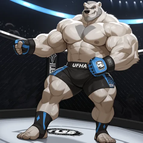 huge muscular polar bear in UFC MMA fight tournament, big hulking champ, grunts smirk, polar bear, huge white fur, thick arm, huge arm, added thick gray mustache with beard, short gray hair, (veiny muscular, pectoral, wide pectoral, thick arms), UFC caged ...