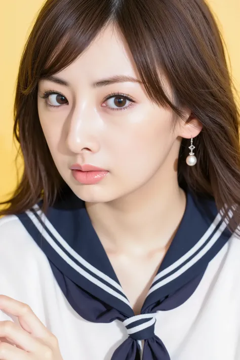 Facial close-up, A high resolution photograph of a Japanese adult woman, photo realistic, masterpiece, amazing quality, intricate details, professional lighting, simple background, photographed from the front, facing forward, upper body, looking at viewer,...