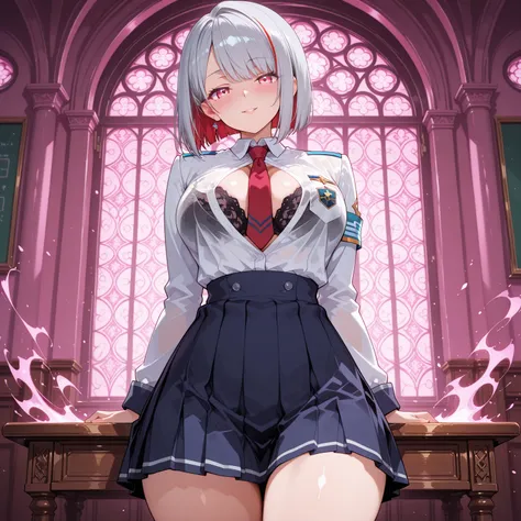 NSFW, beautiful student council president. Wearing a custom made see-through magic school uniform. A sensual and seductive pose with a jet black bra showing through and accentuating her thighs. Large bust, confident and sensual expression. Silver hair with red highlights. Slightly swaying hair. Glamorous magical accessories. Gothic background reminiscent of a dark magic classroom. Pink lighting. Cowboy shot. Very well-drawn soft shadows. Well-drawn eyes.