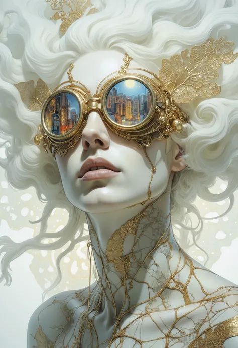 A futuristic, surreal portrait of a biomechanical cyber-woman with intricate, organic, and mechanical elements integrated into her design. She has flowing white hair that seems to merge into a swirling, cloud-like texture, and her skin is porcelain white w...