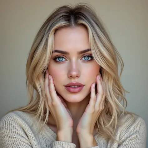 Marli Buccola, portrait of blonde woman with blue eyes, aran sweater, detailed hands, 