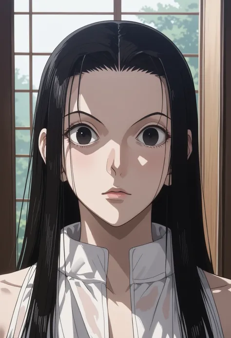 score_9, score_8_acima, score_7_acima, fonte_anime,  Rating_seguro, IllumiHXH, Illuminated black eyes, cabelo preto Illumi, 1 , foco masculino, anime screenshot,IIllumi is surprised plugging her hair with a shirtless towel the bathroom door is between open...