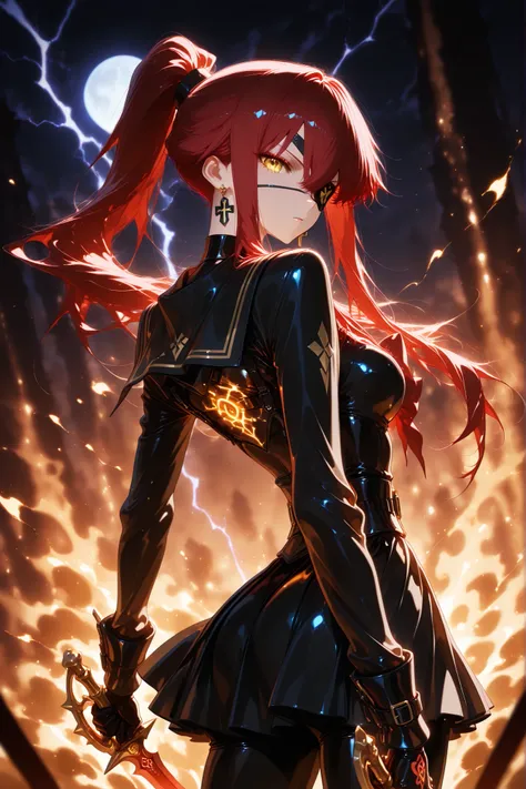 (masterpiece, highest quality, high resolution, 4k,8k, 1 horl, golden eyes , very long hair , long sidelocks, red hair , half upon, medium breasts , petite , very cute , beautiful ,Straight hair, cool, handsome, hair between eyes, ,Ghost JK, Emissary from ...