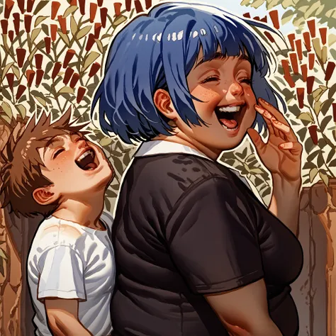 Score_9, score_8_up, score_7_up, score_6_up, score_5_up, score_4_up, anime_manga style, 1girl, 1man, BREAK ((From the back)) A character created for a Vore dating sim, a tall striking BBW with vibrate blue hair. she is wearing a college uniform. White top,...