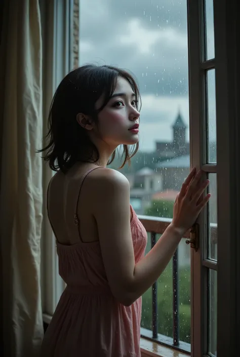 a young woman leaning against open balcony door watching rain, detailed realistic portrait, photorealistic, high resolution, ultra-detailed, physically-based rendering, dramatic lighting, moody atmosphere, rainy exterior environment, wet surfaces, overcast...