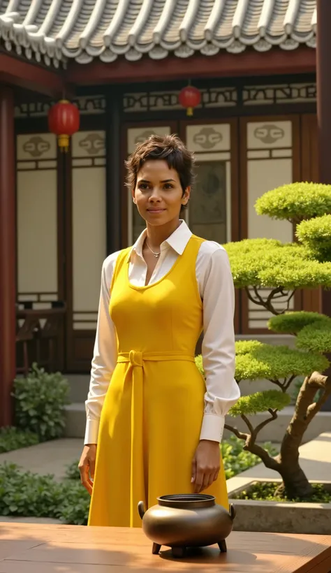 Halle Berry de terno amarelo e camisa branca parte superrior do corpo Traditional Chinese courtyard garden at golden hour, elegant wooden architecture with curved temple-style roofs, intricate lattice windows, lush green plants and bonsai trees, soft sunli...