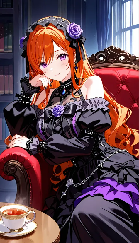 top quality、High Definition、4K,score_9 , score_8_up , score_7_up、older sister、mature woman、(wavy hair)、curly hair、long hair、amber hair、amber color hair、purple eyes、purple eyes、((Saggy Eyes))、((gothic costume)((gothic dress))、Pose、)、((Western-style building...