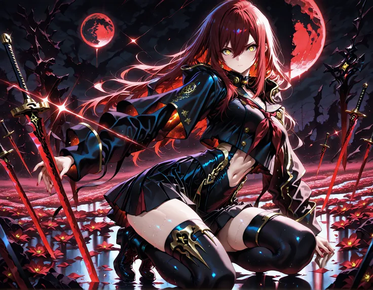masterpiece, top quality, Super Detailed, 8k, full body, dynamic poses, cinematic lighting, solo, 1 girl, golden eyes , very long hair , long sidelocks, red hair , half upon, medium breasts , petite , very cute , beautiful ,Straight hair, cool, handsome, h...