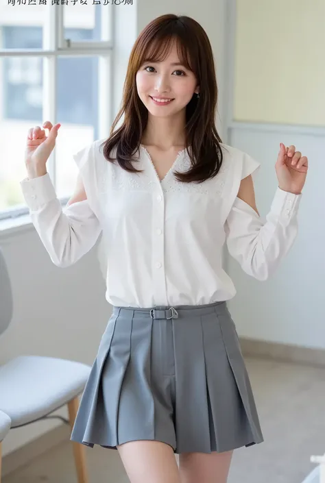 Create a realistic photograph of a beautiful Japanese female idol portrait. She should have a slender body, small bust, and slender legs, with medium-length hair. The outfit should feature a stylish yet modest JK (Joshi Kousei) uniform that combines elegan...