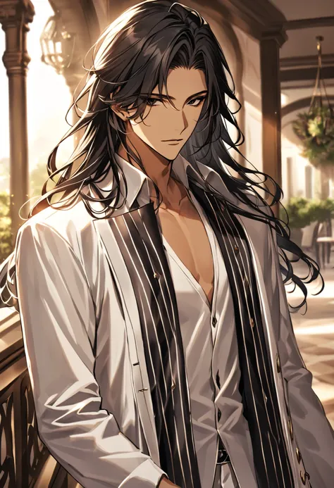 Handsome young man, athletic body, muscle, long hair, shoulder length hair, black hair, black eyes, tanned skin, wearing casual yet elegant clothing. He has a stylish jacket. The background is softly blurred, emphasizing his charismatic and mysterious aura...