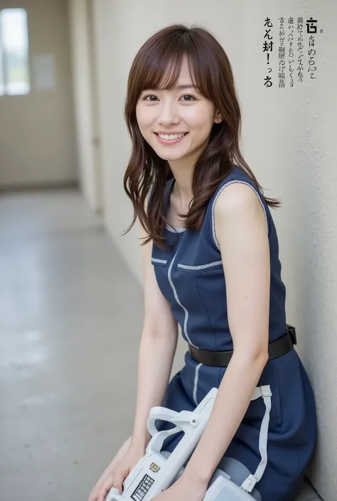 Create a realistic photograph of a beautiful Japanese female idol portrait. She should have a slender body, small bust, and slender legs, with medium-length hair. The outfit should feature a stylish yet modest JK (Joshi Kousei) uniform that combines elegan...