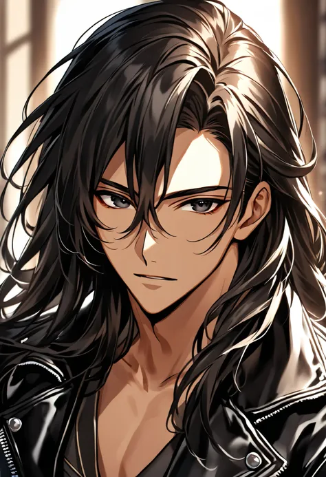 Handsome young man, athletic body, muscle, long hair, shoulder length hair, black hair, black eyes, tanned skin, wearing casual yet elegant clothing. He has a stylish leather jacket. The background is softly blurred, emphasizing his charismatic and mysteri...