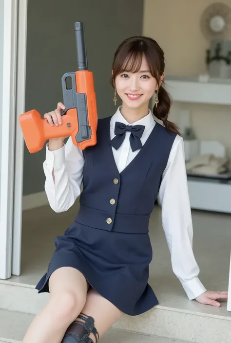 Create a realistic photograph of a beautiful Japanese female idol portrait. She should have a slender body, small bust, and slender legs, with medium-length hair. The outfit should feature a stylish yet modest JK (Joshi Kousei) uniform that combines elegan...