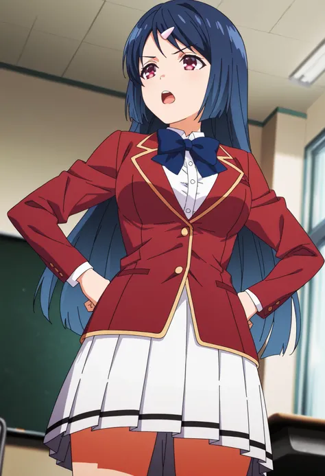  score_9,score_8, score_7_up,masterpiece,best quality,classroom,standing,hands on hips, ,solo,(blue hair:0.6),long hair,(tareme:0.7),(v-shaped eyebrows:0.3),anime coloring,red jacket,white shirt,blue bowtie,white skirt,pleated skirt,thigh ,cowboy shot ,fro...