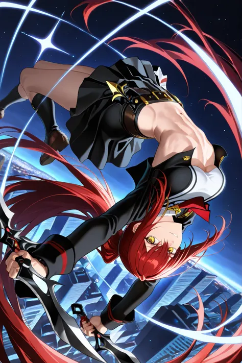 ((top quality)), ((masterpiece))、Beautiful anime picture、8k、 accurate body structure 、in the city、dynamic pose, foreshortening, extreme perspective、upside-down, backflip、Whole body expression、1 girl, golden eyes , very long hair , long sidelocks, red hair ...