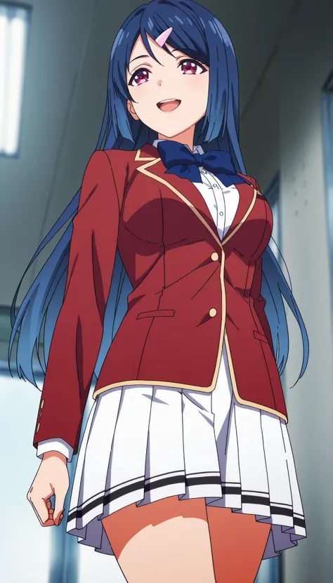  score_9,score_8, score_7_up,masterpiece,best quality ,solo,(blue hair:0.6),long hair,(tareme:0.7),(v-shaped eyebrows:0.3),anime coloring,red jacket,white shirt,blue bowtie,white skirt,pleated skirt,thigh ,cowboy shot ,from below,smile face ,glossy lips , ...