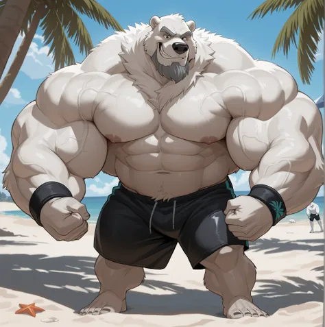 huge muscular polar bear in beach, big hulking flex, grunts smirk, polar bear, huge white fur, thick arm, huge arm, added thick gray mustache with beard, short gray hair, (veiny muscular, pectoral, wide pectoral, thick arms), beach, palm. DISNEY ANIMATIONS...