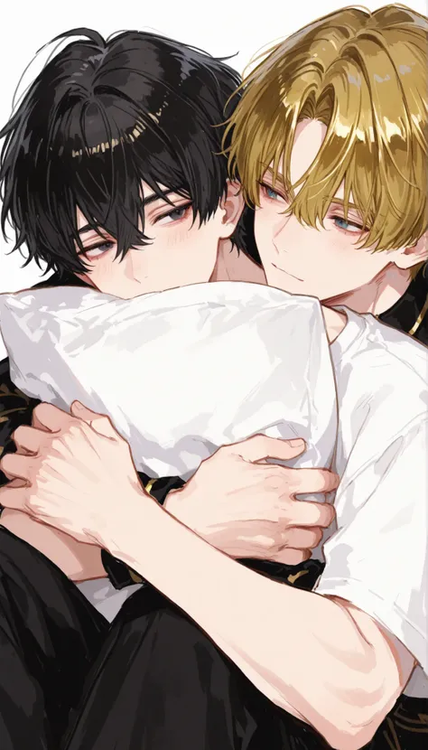 2men、handsome、black hair、gold hair、hugging from behind、cute