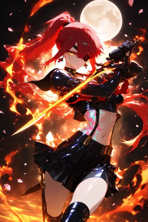 (masterpiece, highest quality, high resolution, 4k,8k, 1 horl, golden eyes , very long hair , long sidelocks, red hair , half upon, medium breasts , petite , very cute , beautiful ,Straight hair, cool, handsome, hair between eyes, ,Ghost JK, Emissary from ...