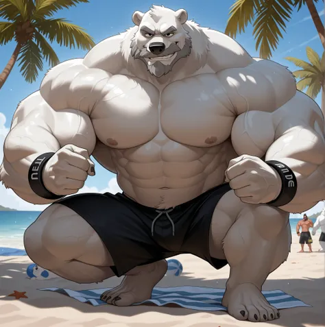 huge muscular polar bear in beach, big hulking flex, grunts smirk, polar bear, huge white fur, thick arm, huge arm, added thick gray mustache with beard, short gray hair, (veiny muscular, pectoral, wide pectoral, thick arms), beach, palm. DISNEY ANIMATIONS...